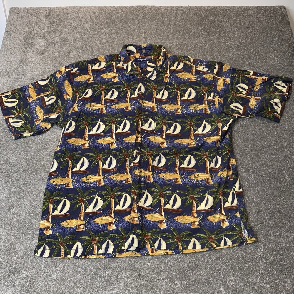 Newport Blue 2XLT Aloha Shirt Fish Sailboat Palm Tree Hawaiian Cotton‎ Comfort